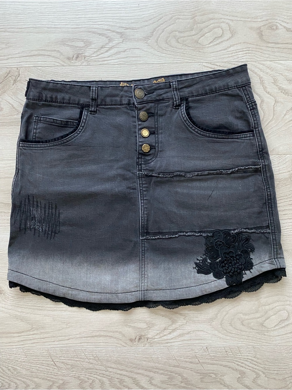 Desigual Black Ombre Denim Mini Skirt with Lace Hem
